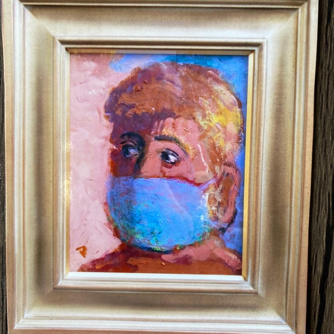 絵画　油絵　油彩画　菊地正則　「マスクをする男」F3号　額付き　サインあり　美品