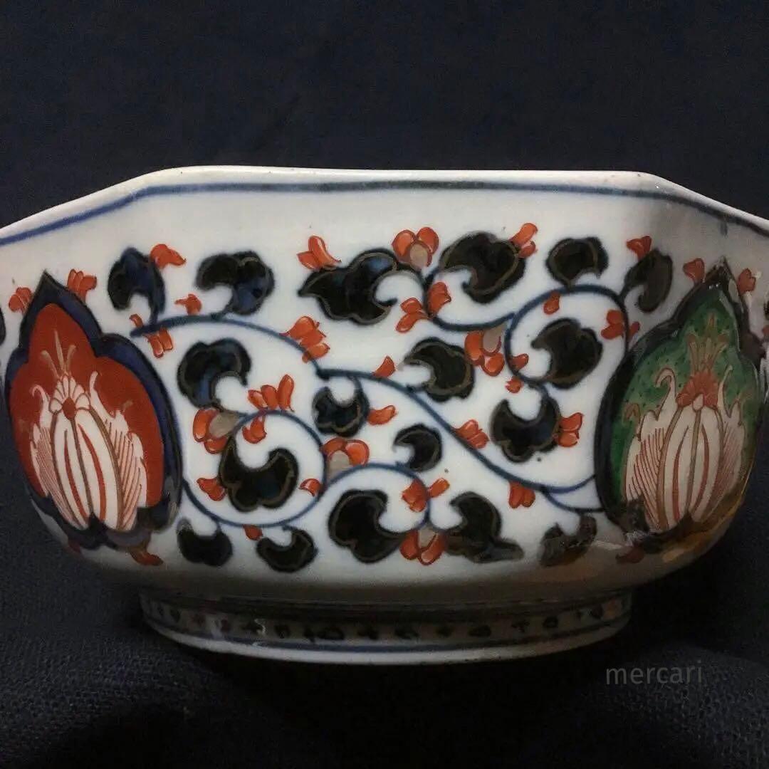 伊万里焼 色絵 草花紋様 八角 六寸深鉢 /骨董/時代物