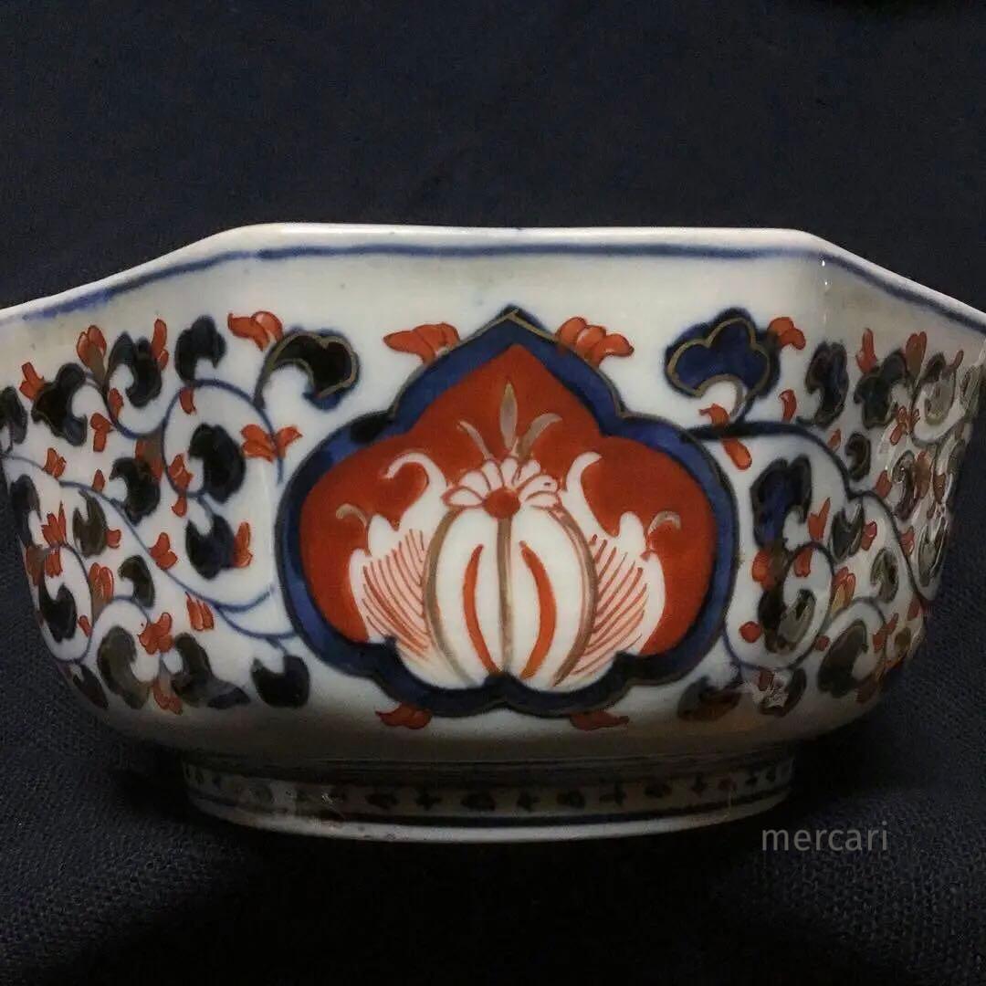 伊万里焼 色絵 草花紋様 八角 六寸深鉢 /骨董/時代物