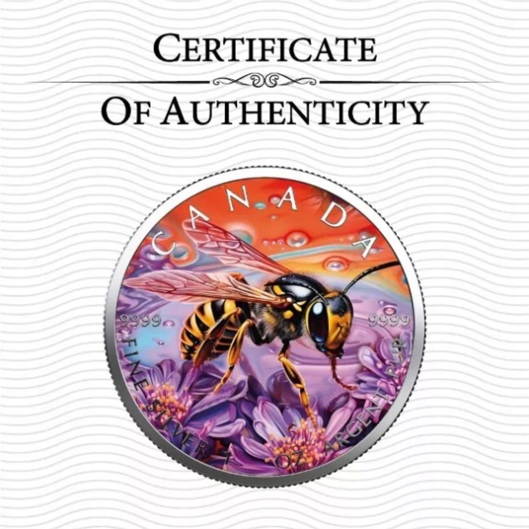 世界100枚限定！ メイプルリーフ 銀貨 カラー ミツバチ 動物と植物の自然融和