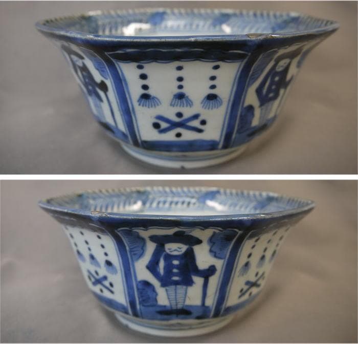 古伊万里　染付　八角鉢　深鉢　南蛮人と瓔珞文