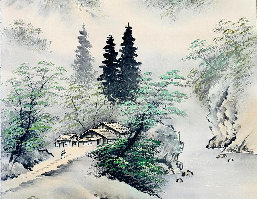 見事‼︎ 平野 翠雪 筆 彩色山水 掛け軸 掛軸 肉筆 共箱 タトウ箱 尺八立