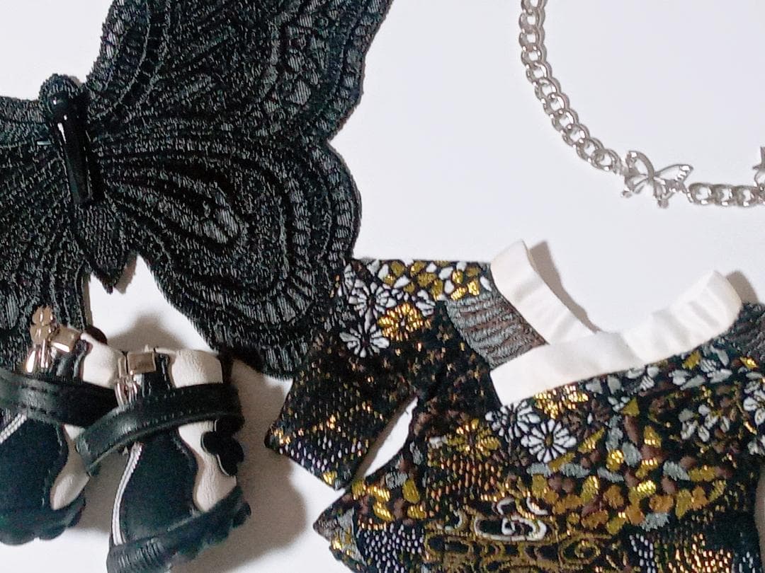 20cm ぬいぐるみ服　黒　蝶　羽根　ネックレス　和服　着物　チャイナ　靴