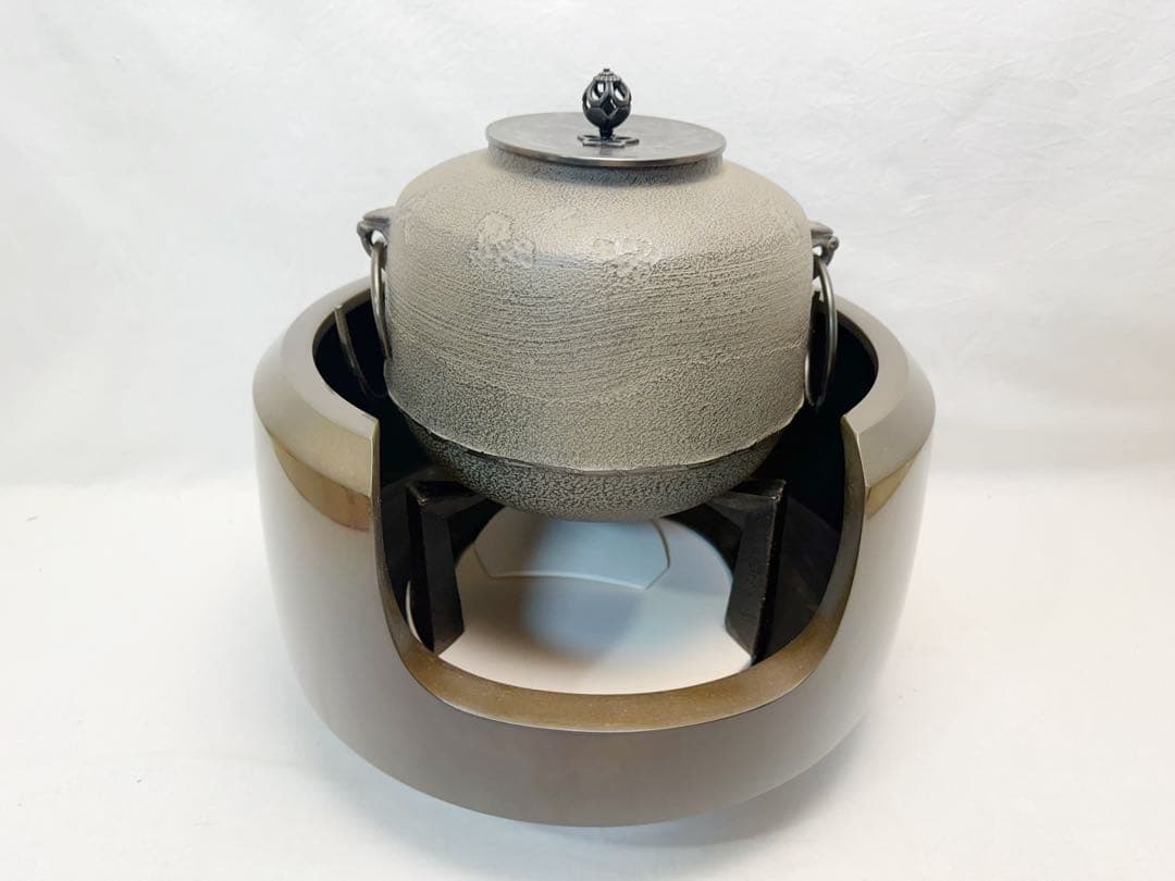 未使用 茶道具 風炉師 金谷浄雲 唐銅面取風炉 釜師菊地政光 刷毛目 尻張釜等