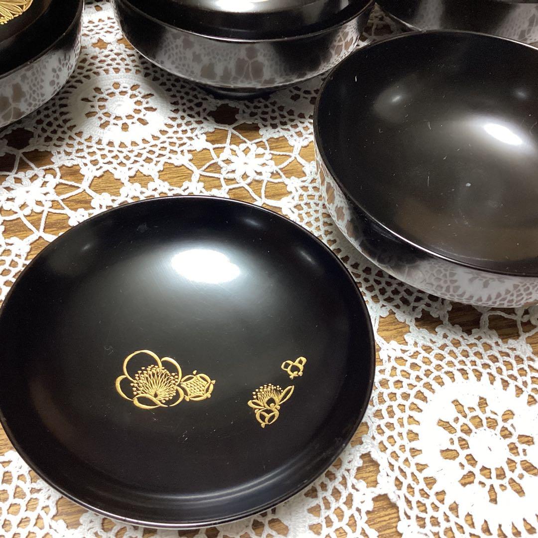 k2f10 黒塗吸物椀 10客　金色花模様　四君子