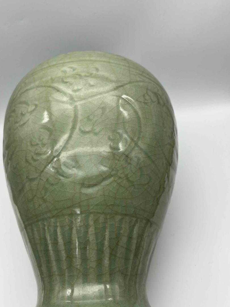 南宋時代　龍泉窯　梅子青 青磁 刻花文大梅瓶 花入　花瓶　茶道具(B-29)