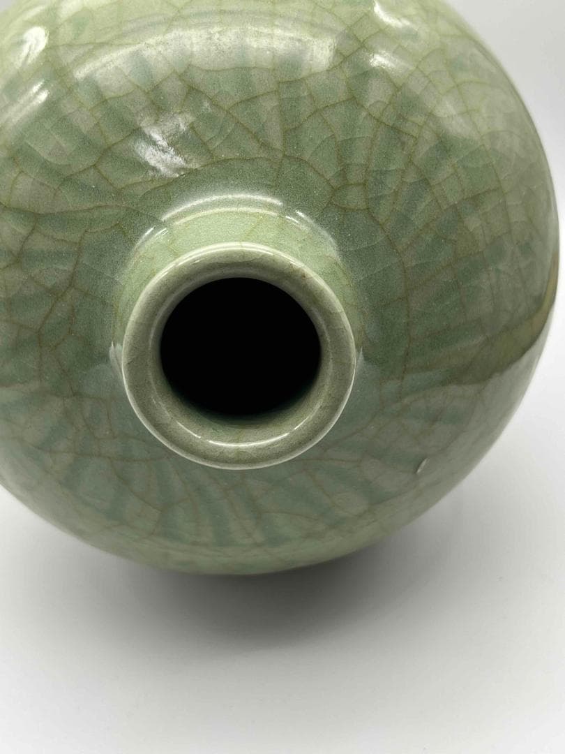 南宋時代　龍泉窯　梅子青 青磁 刻花文大梅瓶 花入　花瓶　茶道具(B-29)