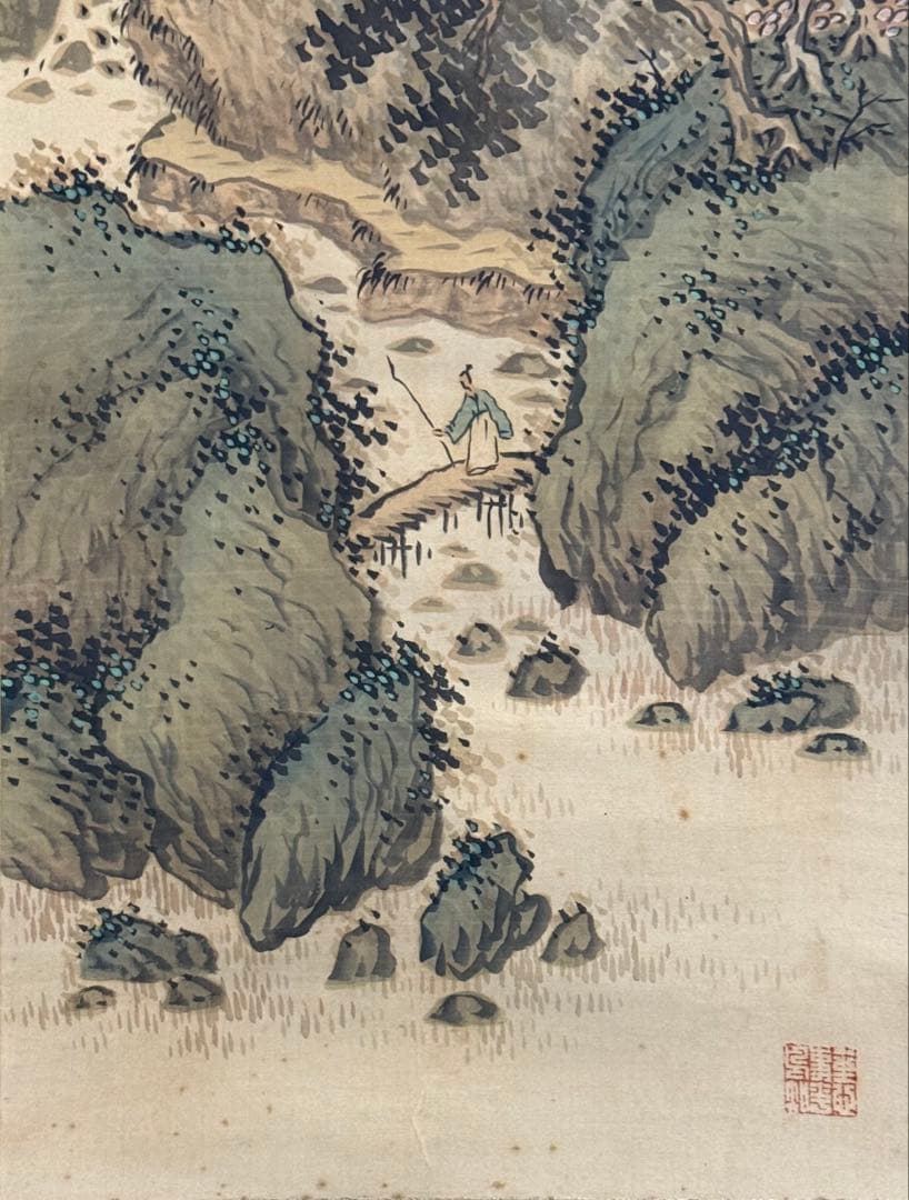 竹塘山人筆　絹本肉筆　青緑山水　共箱　掛軸　送料込み250902