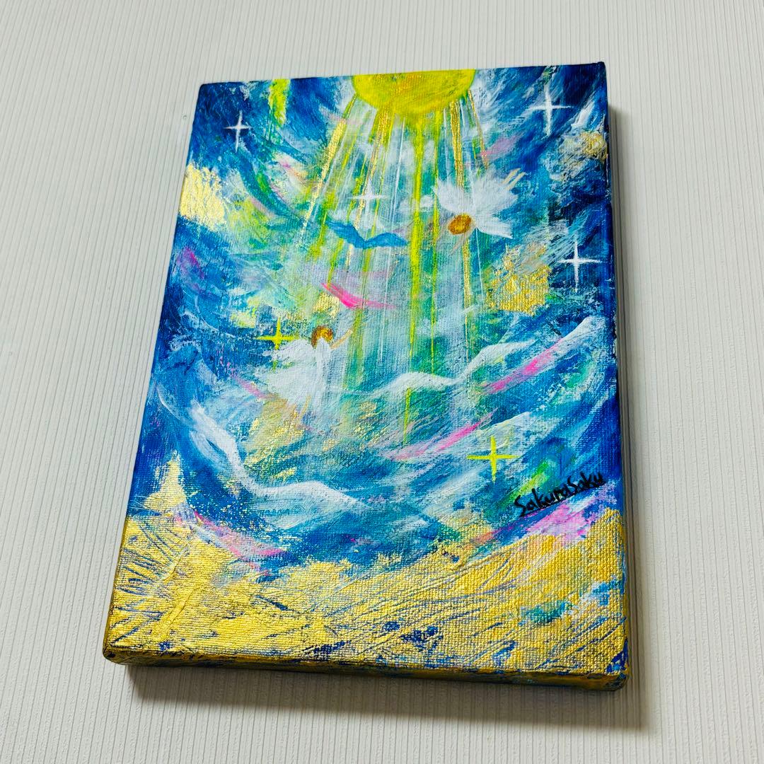 【降り注ぐ金色の光】,天使,angel,空,青空,光,ブルー,青,青い鳥,抽象画