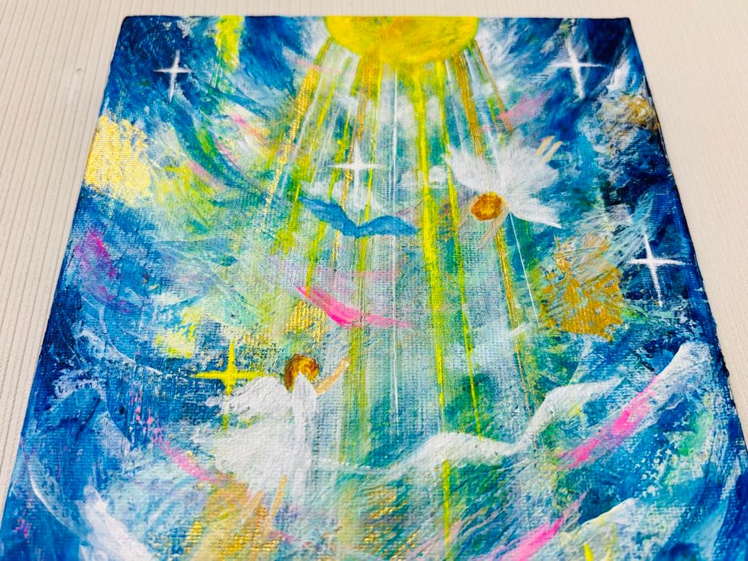 【降り注ぐ金色の光】,天使,angel,空,青空,光,ブルー,青,青い鳥,抽象画