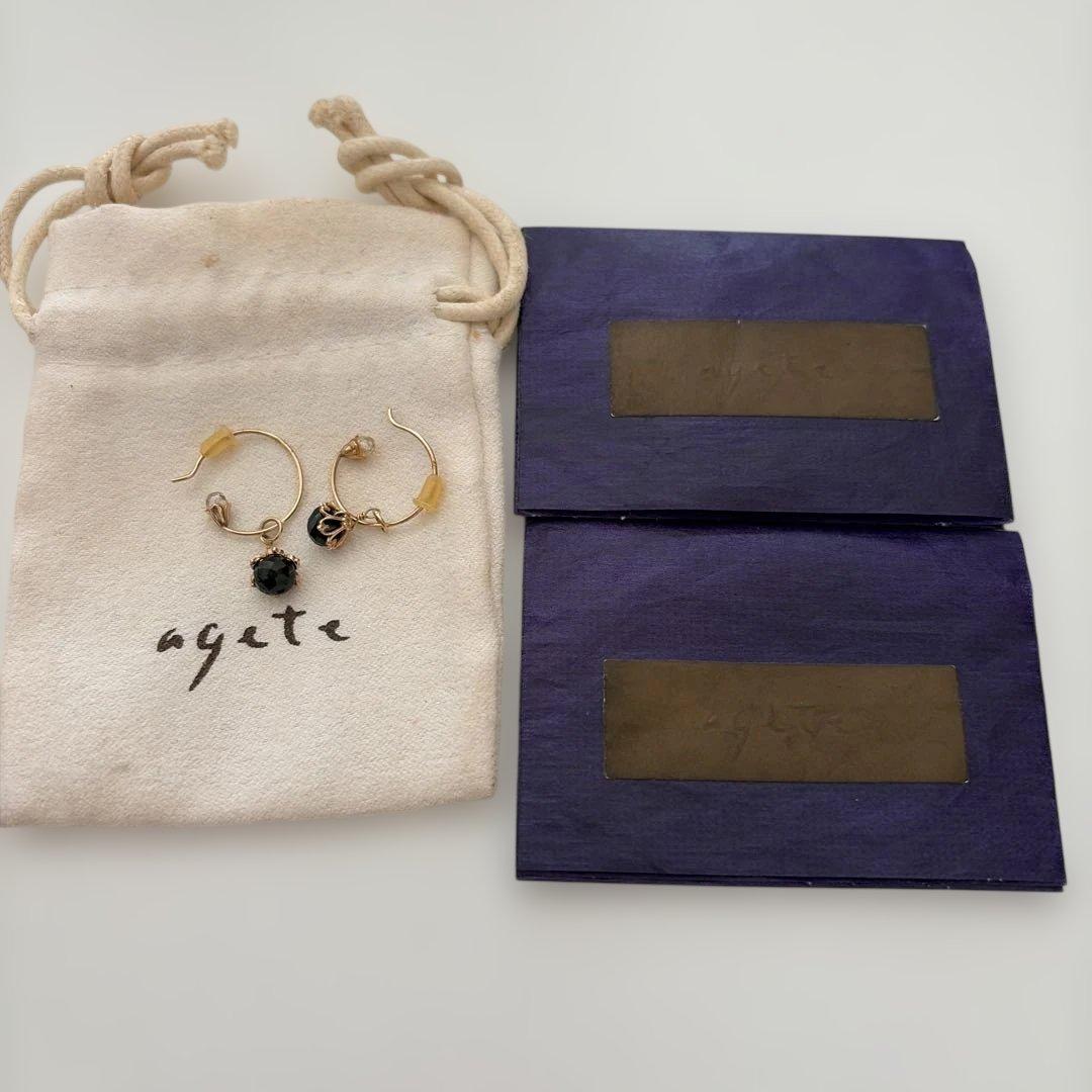 美品agete フープピアス ブラック付き