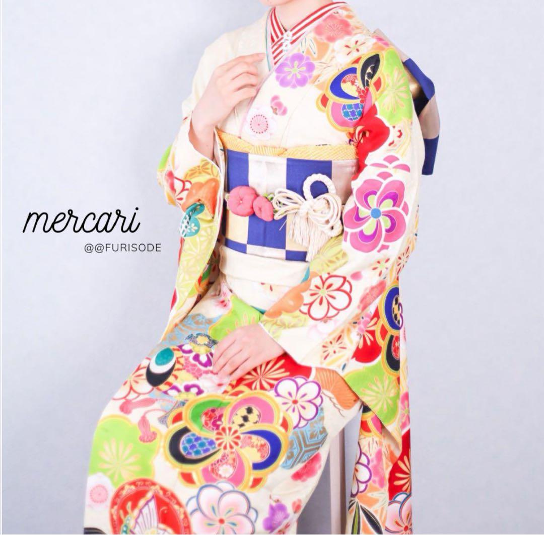 松竹梅　クリーム　振袖　成人式　フルセット