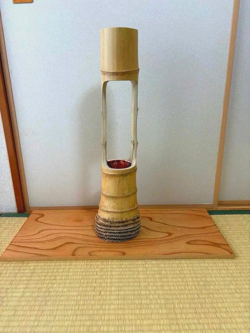 66 お正月セール　美品　根付き　二重切り　二重切　 生け花　竹花入れ　華道具