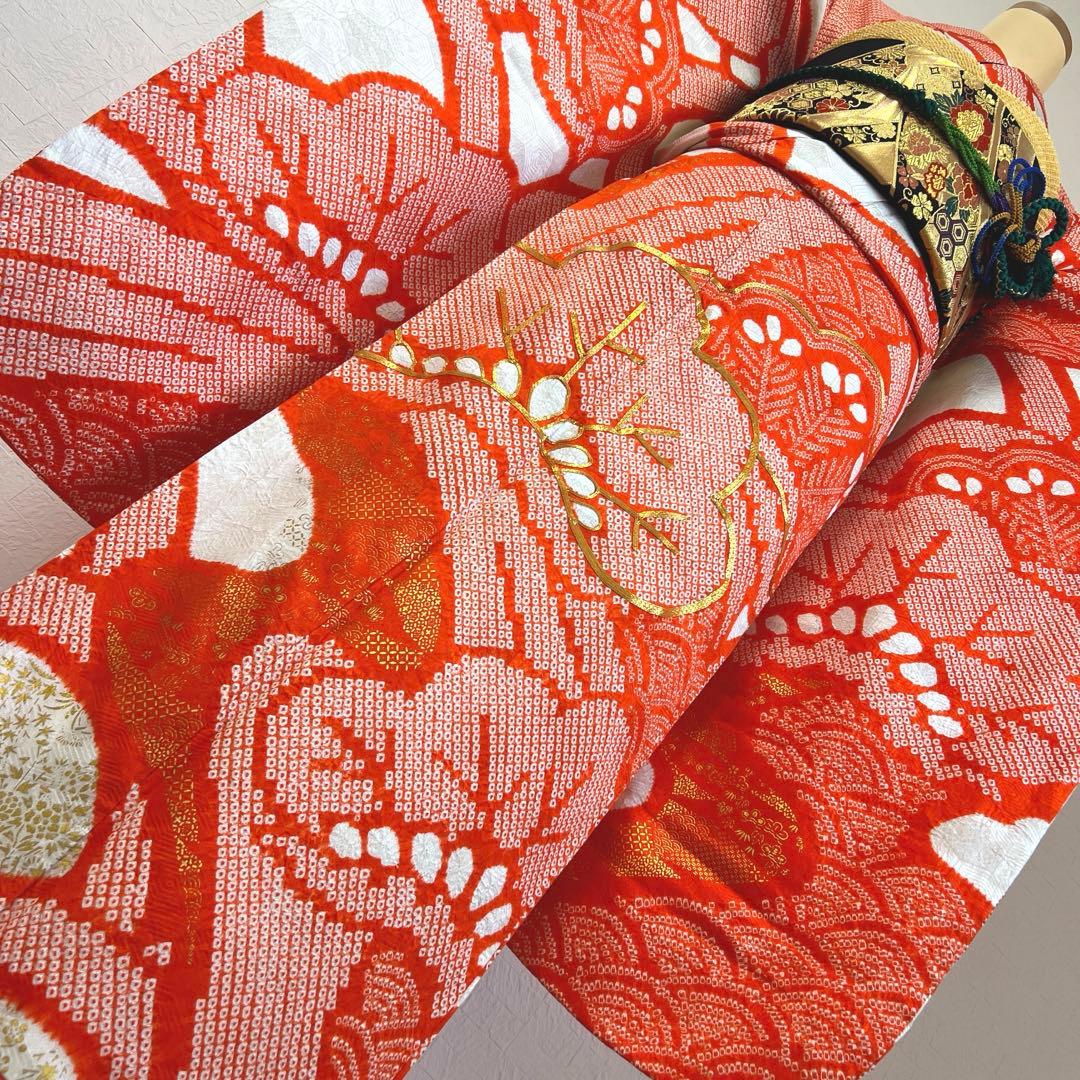 484 振袖フルセット 正絹 朱赤 オレンジ 紅白 絞り 駒刺繍 レトロ 松文