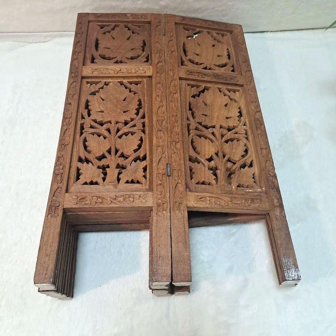 手彫り 木製 サイドテーブル 花台 八角形