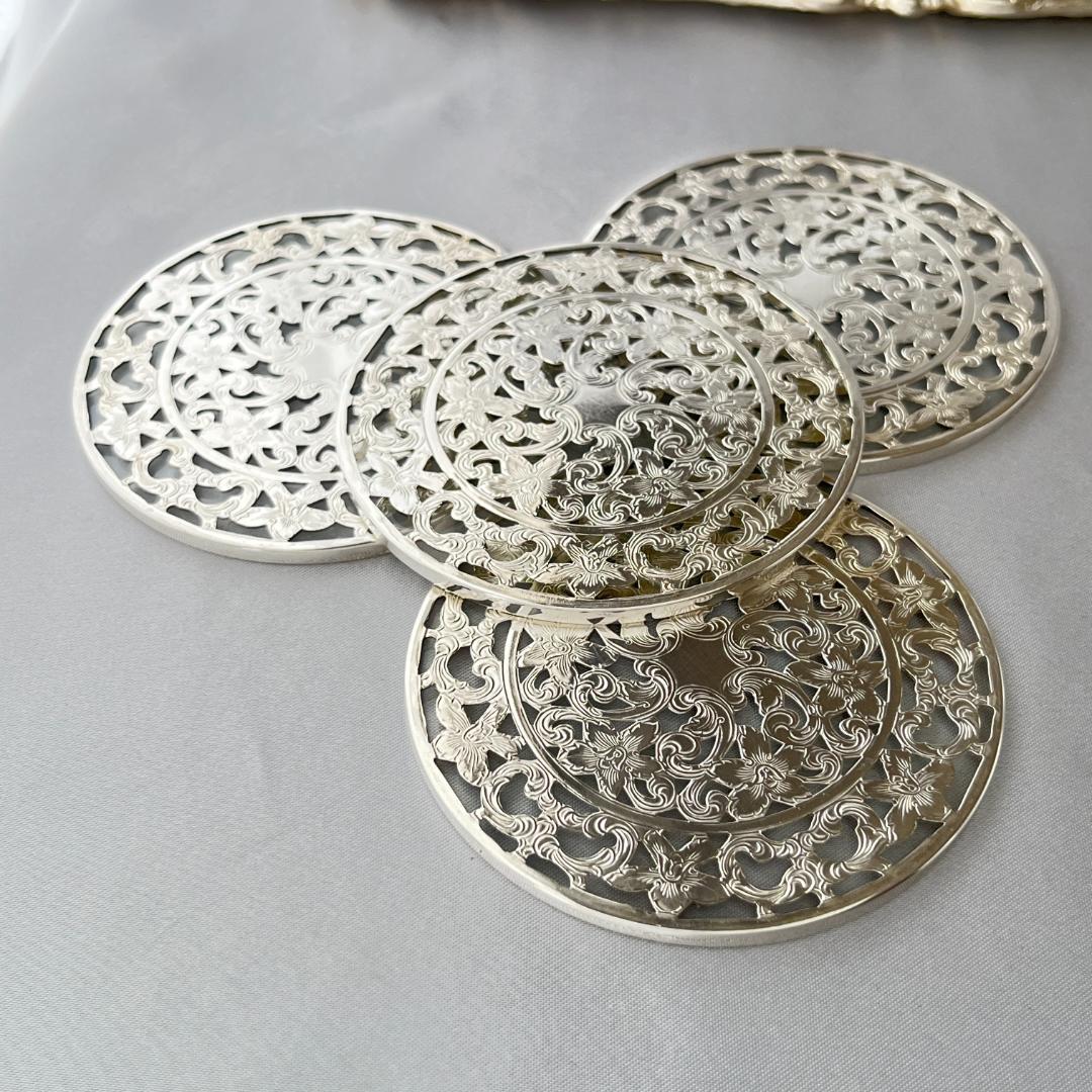 【WEBSTER】 【純銀 / ガラス】コースター 4枚 スターリングシルバー