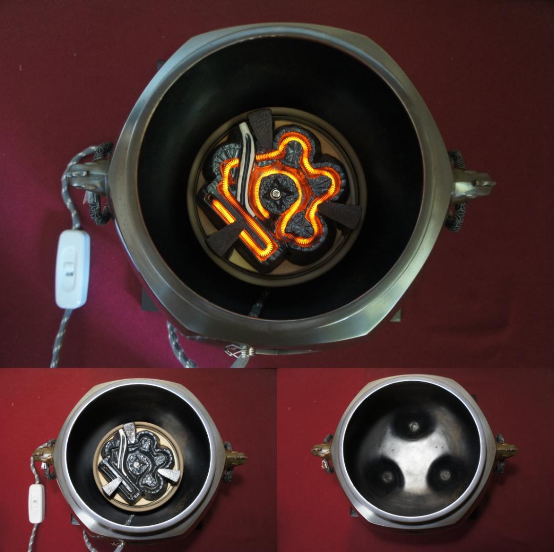 ☆美品 未使用? 在銘平丸釜添え 砂張銅六角鬼面風炉釜 400W電熱器 送料込み