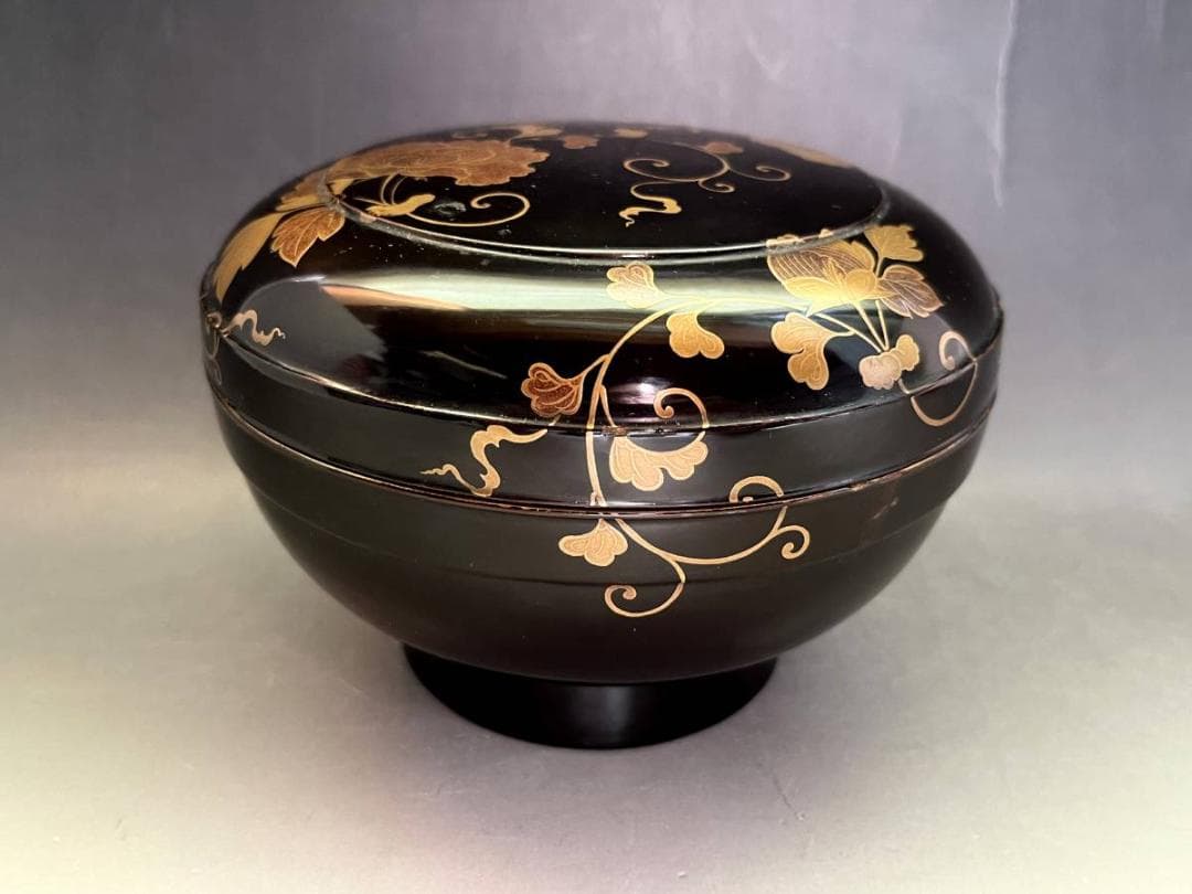 喰籠●黒塗り漆器総蔓薔薇紋蓋物（江戸期）盛器 盛鉢 菓子器 時代物 骨董品●