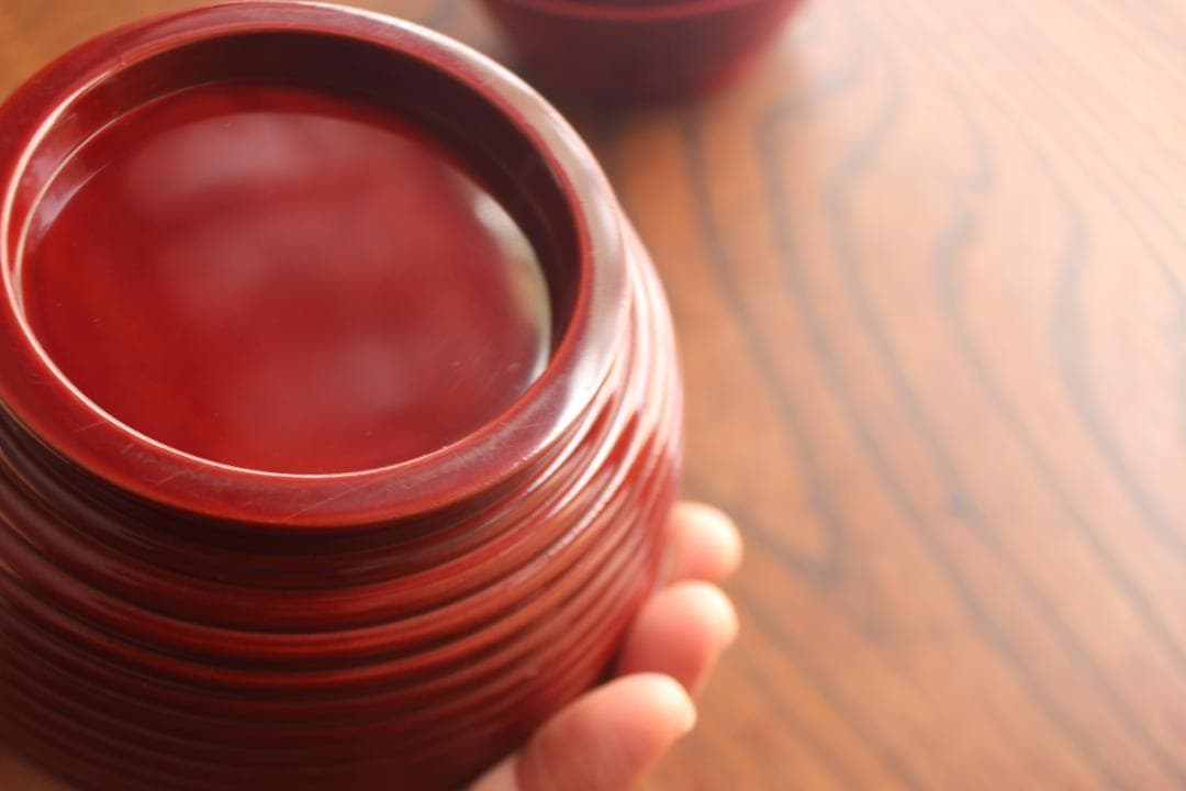 極小保管傷のみ！深みある糸目紅溜塗に極上稲穂福来雀蒔絵のお椀2点（検輪島塗雑煮椀
