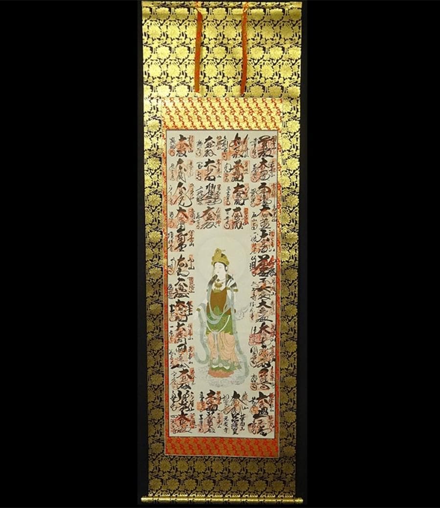 掛軸『西国三十三ヶ所観音霊場御朱印』絹本 無地箱付 掛け軸 p07055