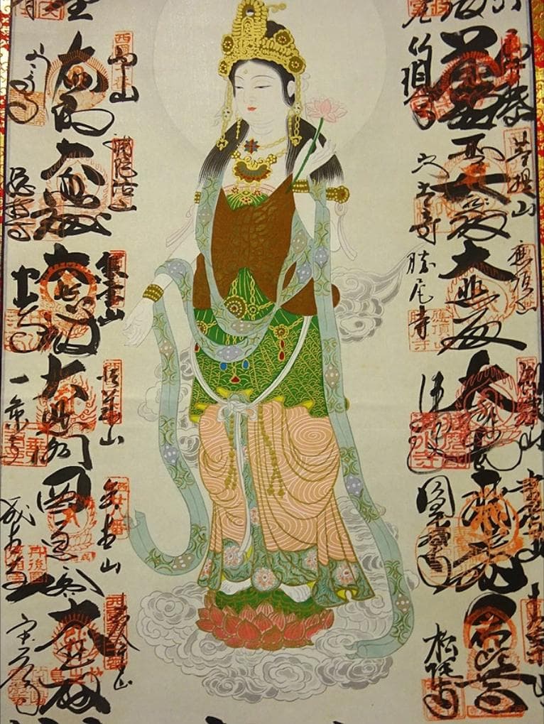 掛軸『西国三十三ヶ所観音霊場御朱印』絹本 無地箱付 掛け軸 p07055