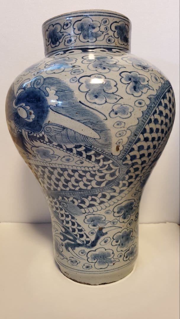 朝鮮美術　李朝　白磁染付　雲龍紋様　大壺