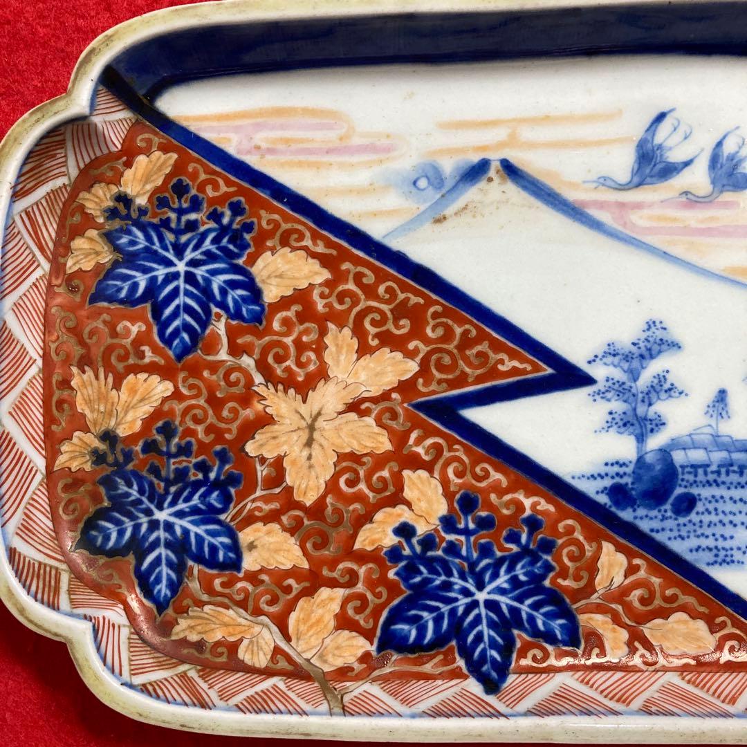 （珍）レトロアンティーク　佐賀　古伊万里焼　白磁色絵　唐草桐紋錦絵角皿