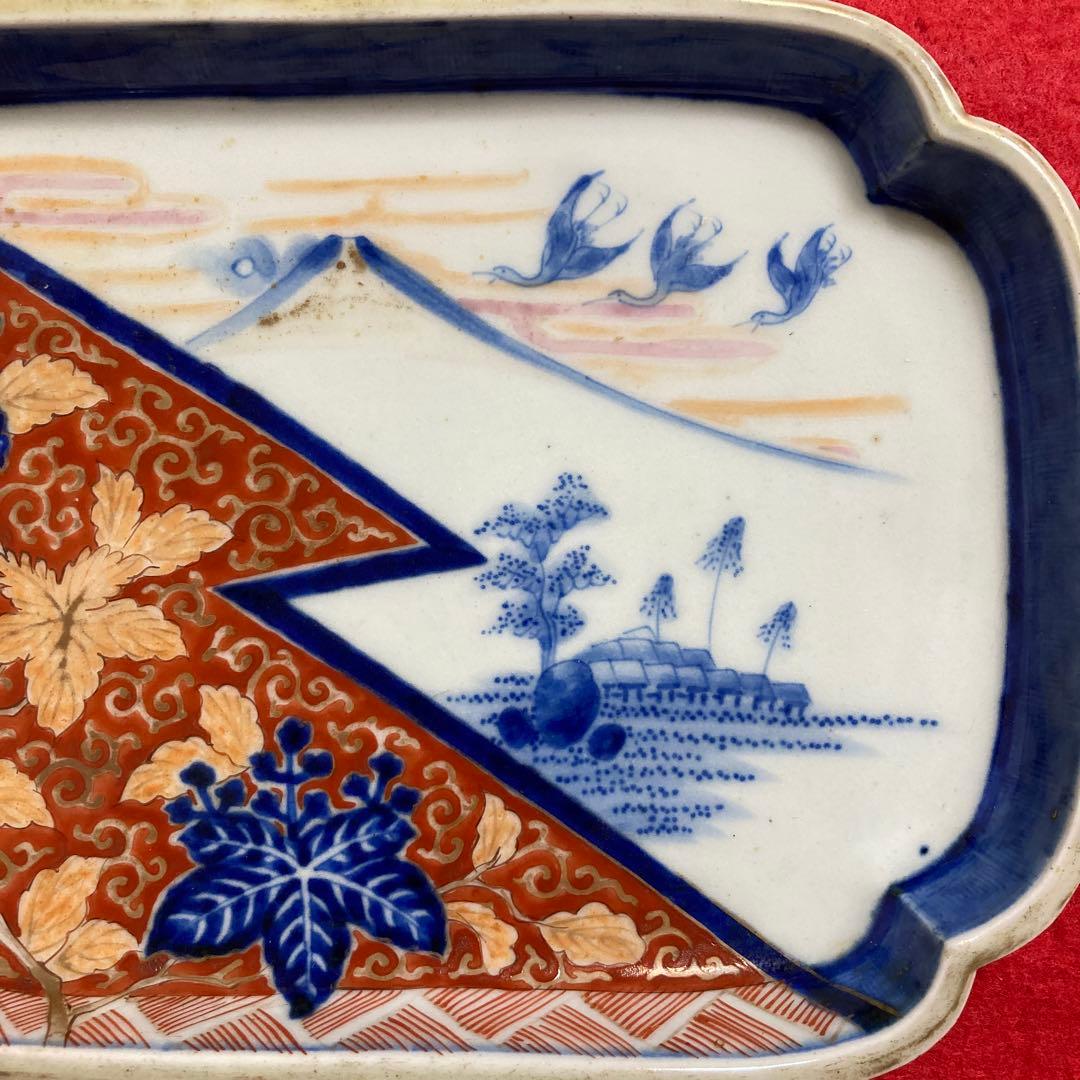 （珍）レトロアンティーク　佐賀　古伊万里焼　白磁色絵　唐草桐紋錦絵角皿