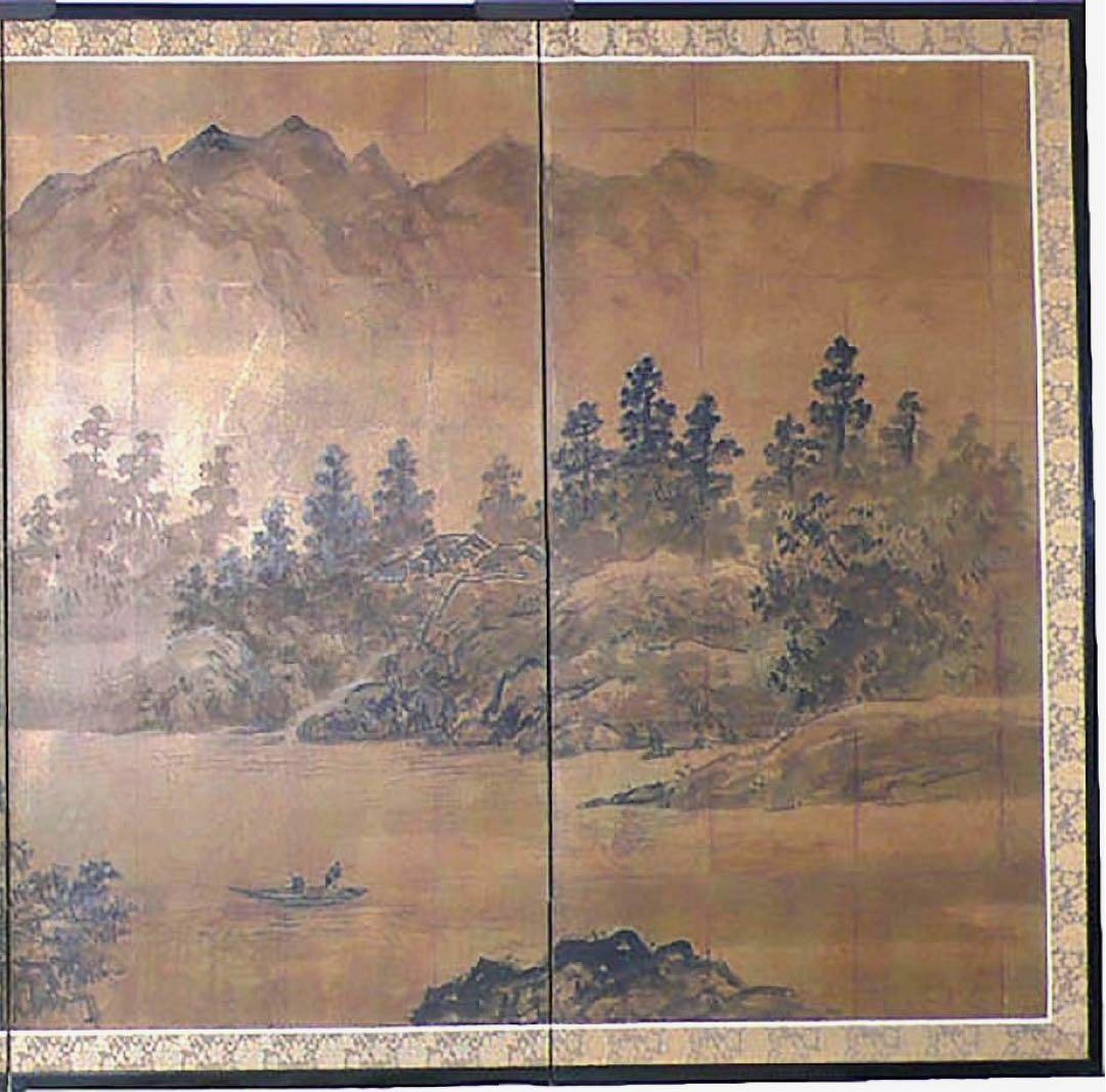 四つ折り屏風　日本画　金箔彩色　寒村山水
