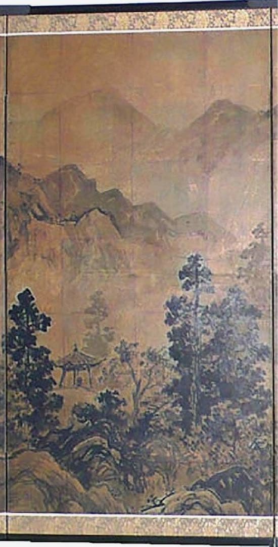 四つ折り屏風　日本画　金箔彩色　寒村山水