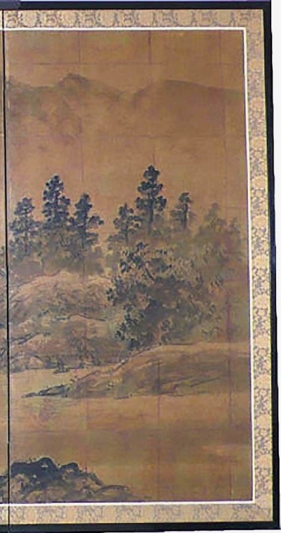 四つ折り屏風　日本画　金箔彩色　寒村山水