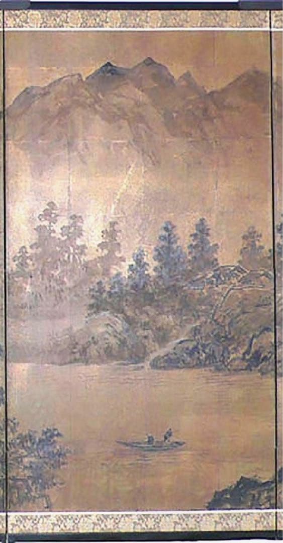 四つ折り屏風　日本画　金箔彩色　寒村山水