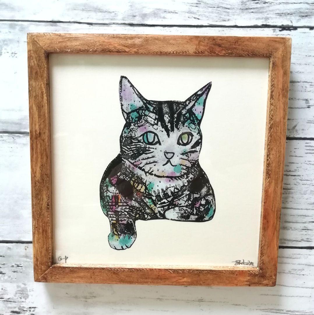 迷い込んだニャンニャンニャン、よりそい猫　額縁ご確認アンティークwaxベージュ