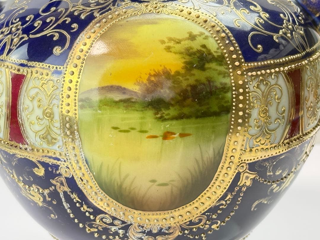 里帰り オールド ノリタケ コバルト 金盛湖畔白鳥図 双耳花瓶 R71123-4