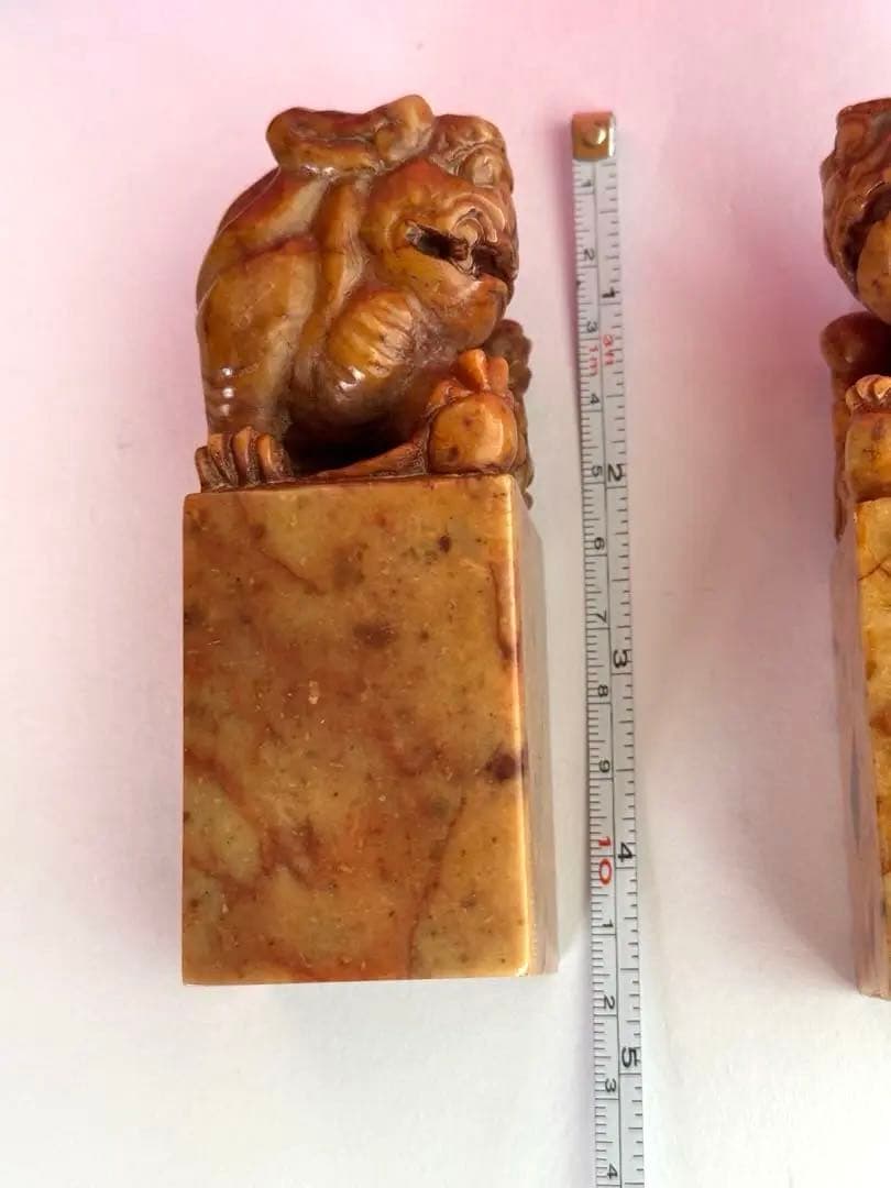 【希少】獅子鈕紅芙蓉橙石印材　印石　印材　中国　2個セット　箱入り