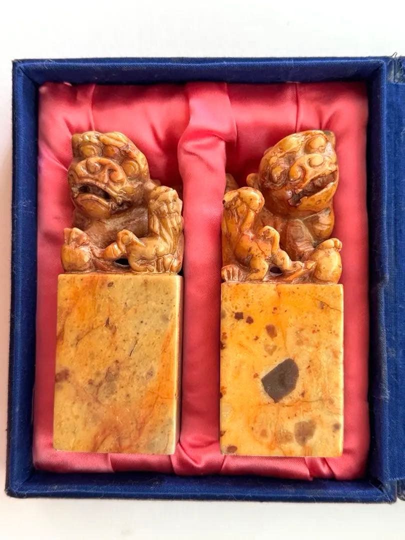 【希少】獅子鈕紅芙蓉橙石印材　印石　印材　中国　2個セット　箱入り