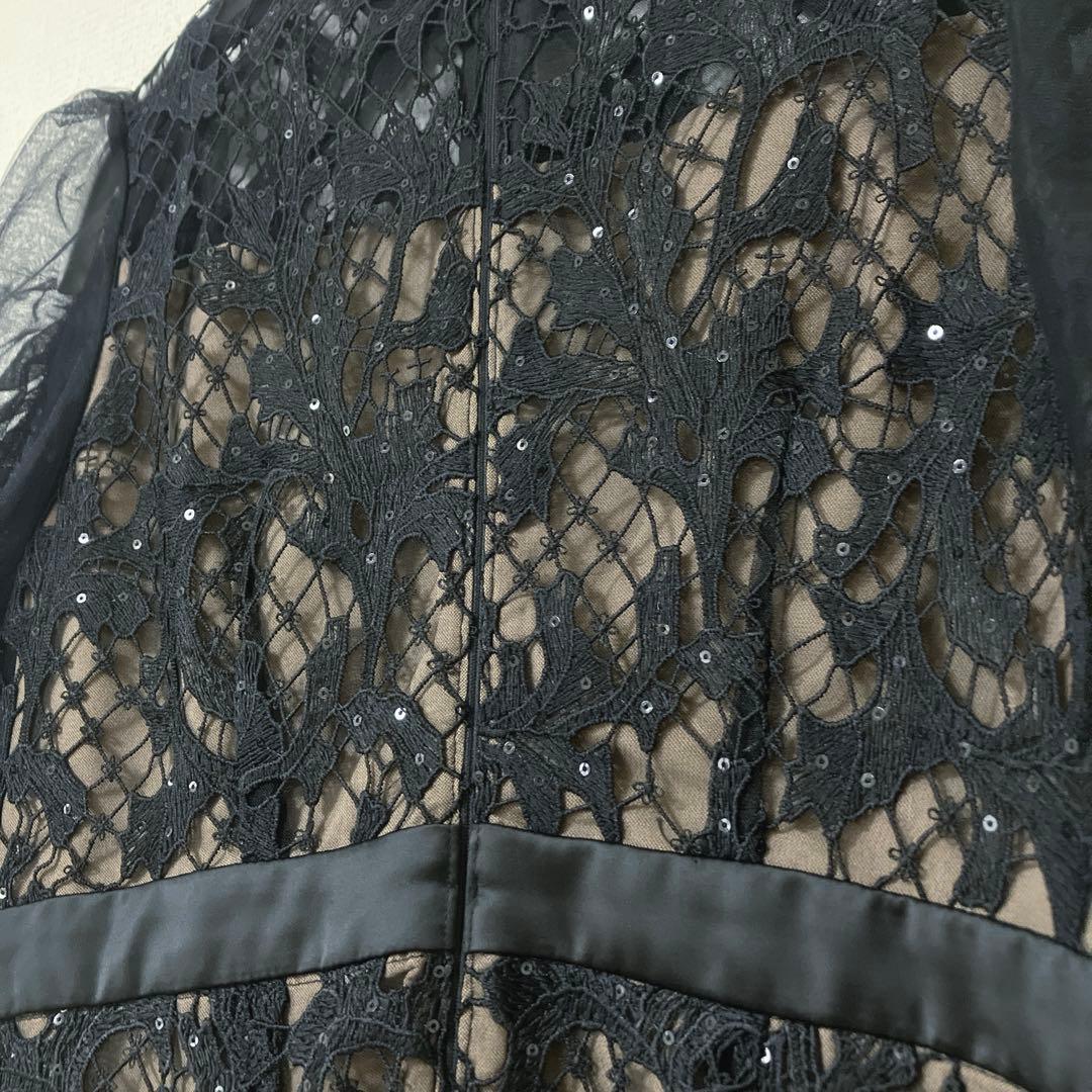 完売品　人気　レジャ　シアーレースパフスリーブスリットIラインドレス　S