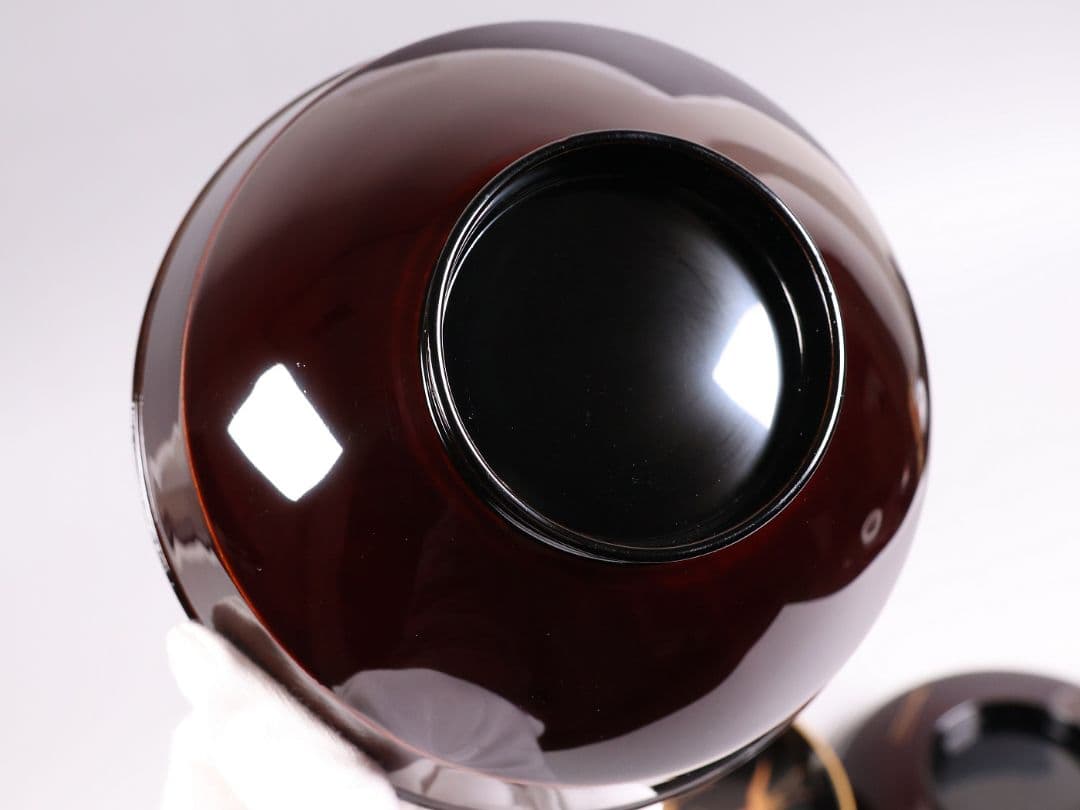 【CM378】大正期 月と松 飛翔鶴 金蒔絵 欅地溜塗 黒塗 椀二客 木製漆器