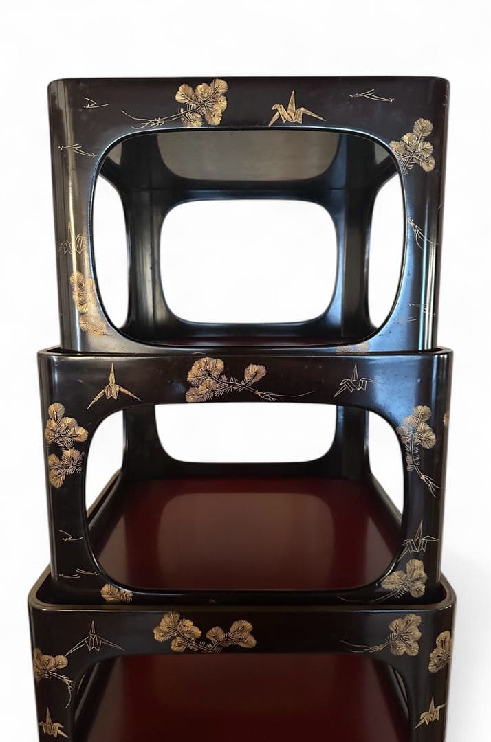 輪島塗 脚付膳 入れ子　５客 明治期 廣盆 漆器 蒔絵 黒朱塗沈金 漆塗