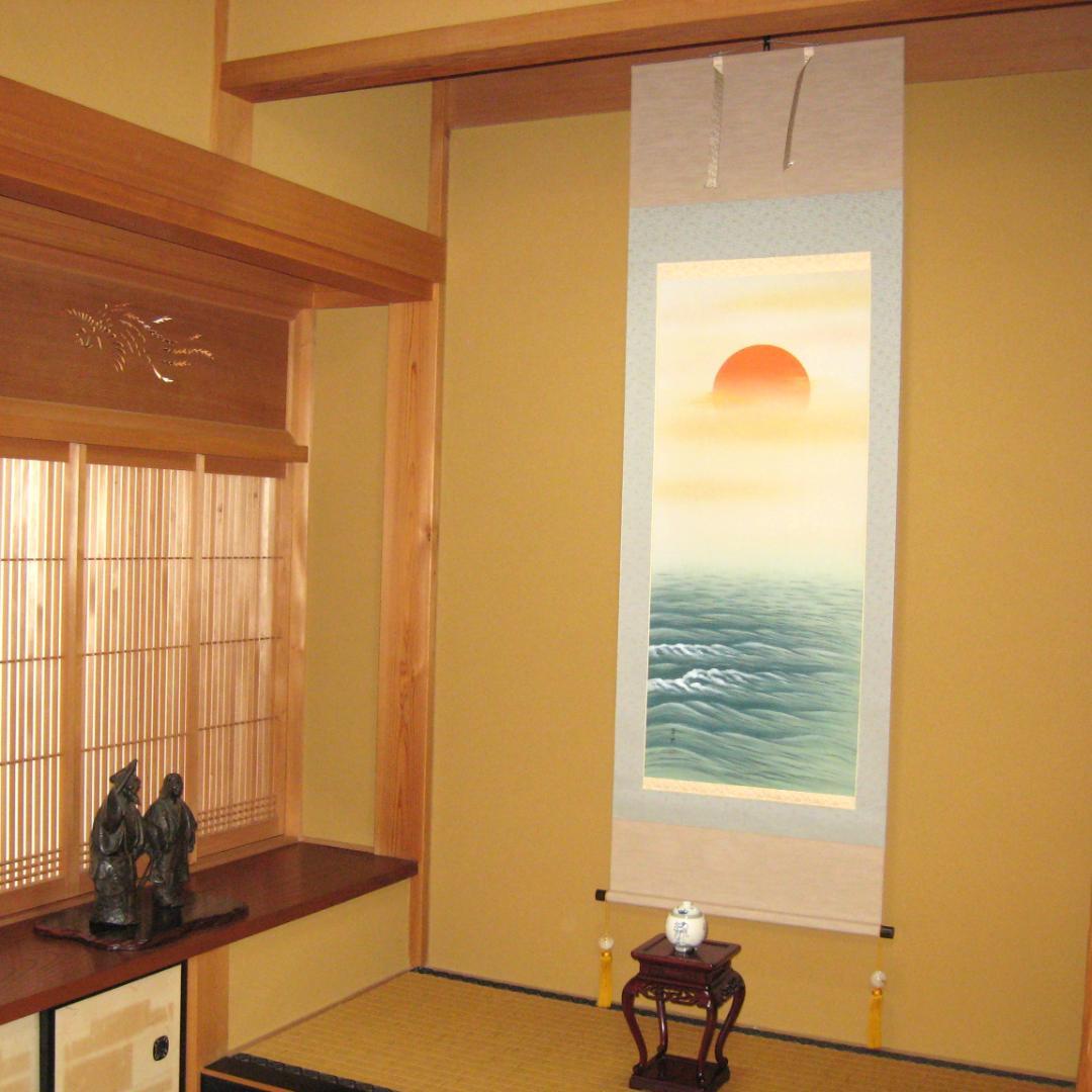 【特価品】掛け軸 掛軸　日の出波◆大洞翠映（真筆・新品）尺八立