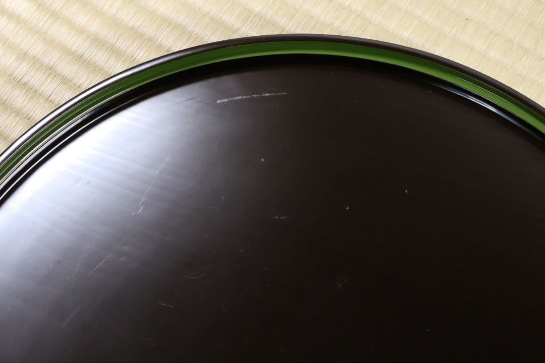 輪島塗 本堅地 黒塗 縁青漆 足付 丸膳 37.8cm 三客 木製【CM384