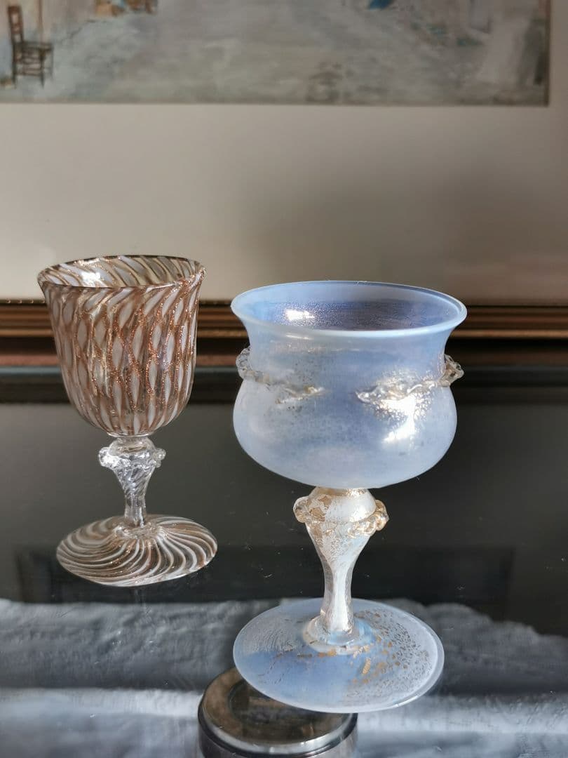 アンティーク ヴェネチアンガラス ムラーノグラス金彩ペア✧オパールセント＆レース