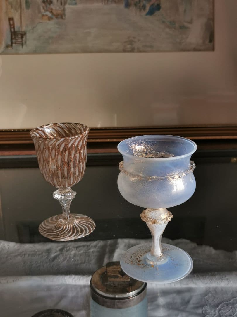 アンティーク ヴェネチアンガラス ムラーノグラス金彩ペア✧オパールセント＆レース