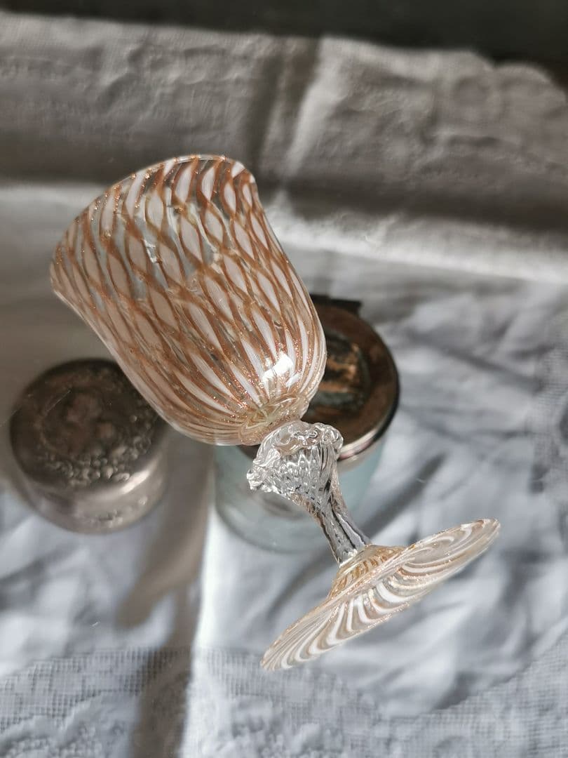 アンティーク ヴェネチアンガラス ムラーノグラス金彩ペア✧オパールセント＆レース