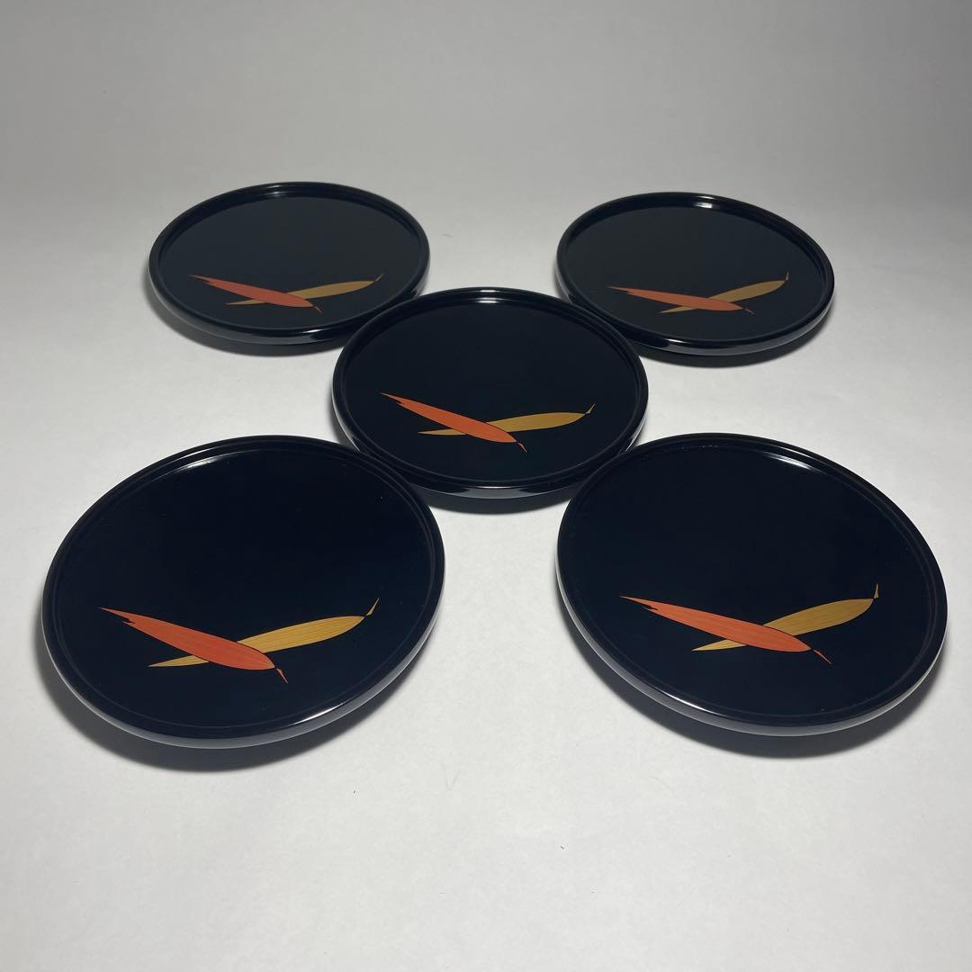 輪島塗 蒔絵笹 黒塗菓子皿五枚揃い【中前典次】作 中前謹製 天然木◆