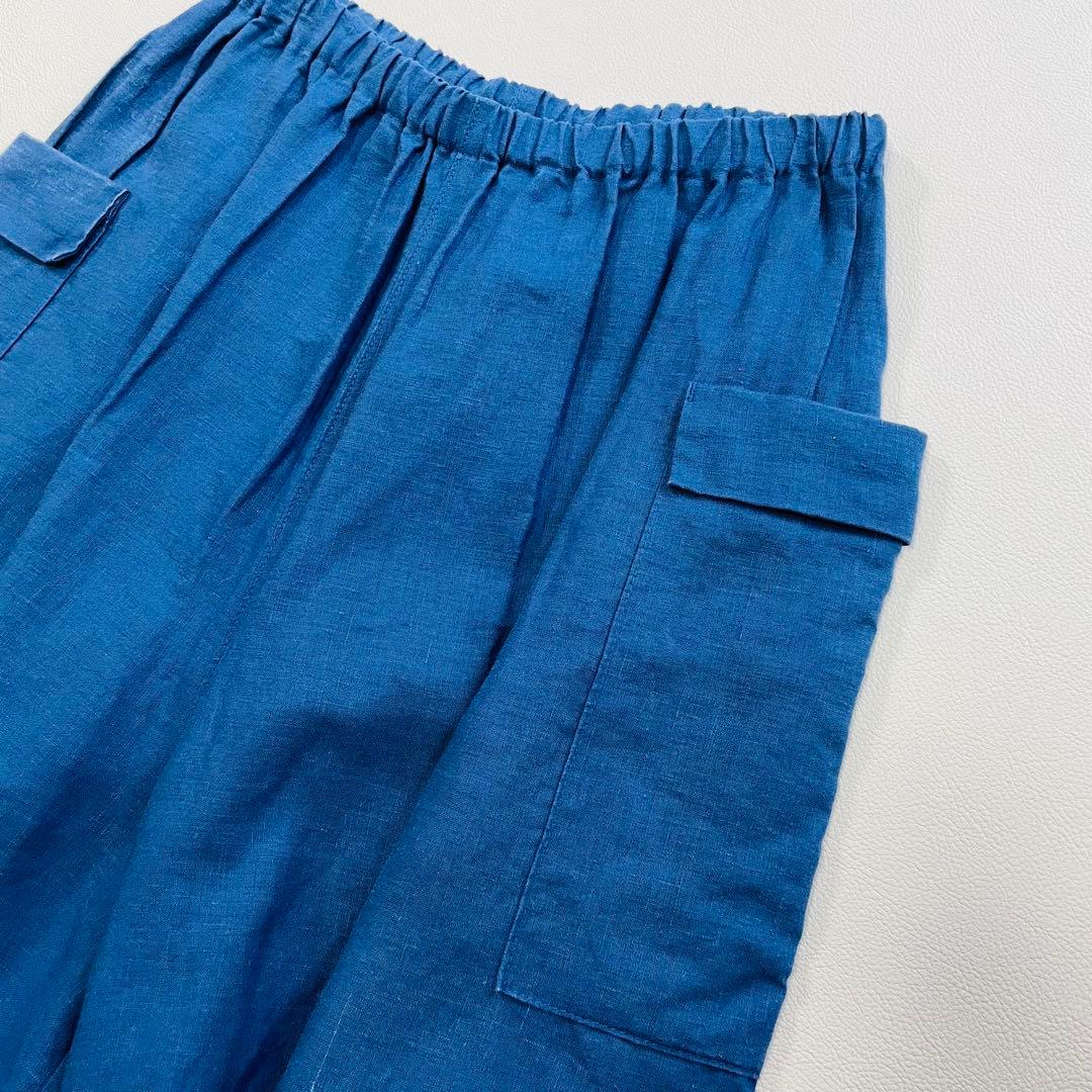6105 中川政七商店　リネンガウチョパンツ　麻100% サイドポケット　ブルー