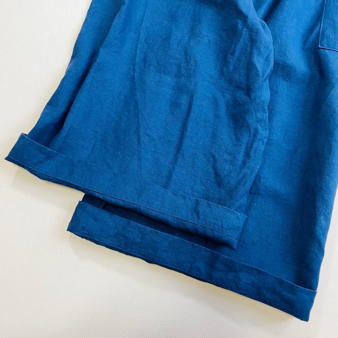 6105 中川政七商店　リネンガウチョパンツ　麻100% サイドポケット　ブルー