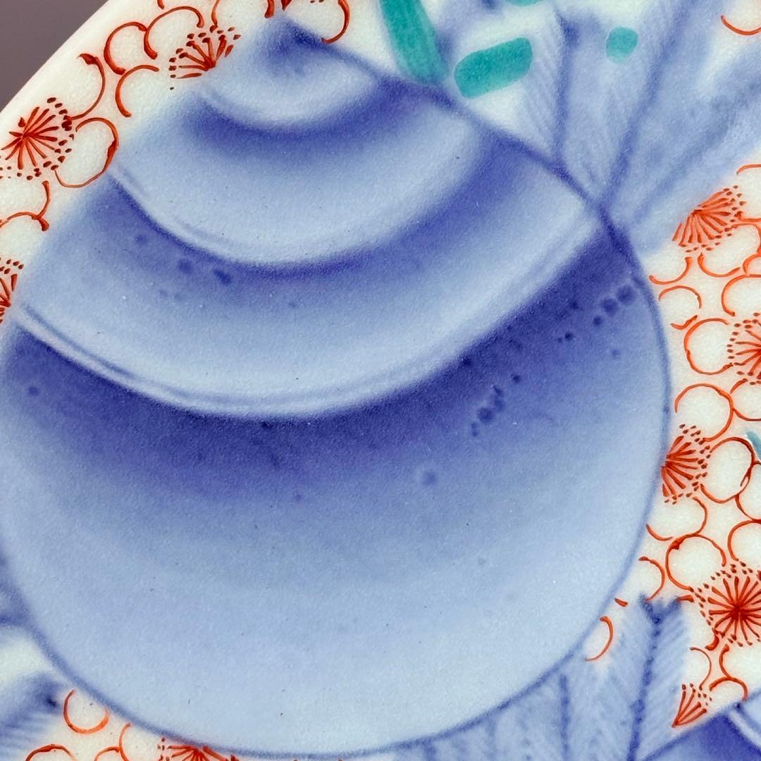 後期鍋島　献上品　色絵宝珠文高台皿　櫛文様高台　共箱　赤絵　桜文様