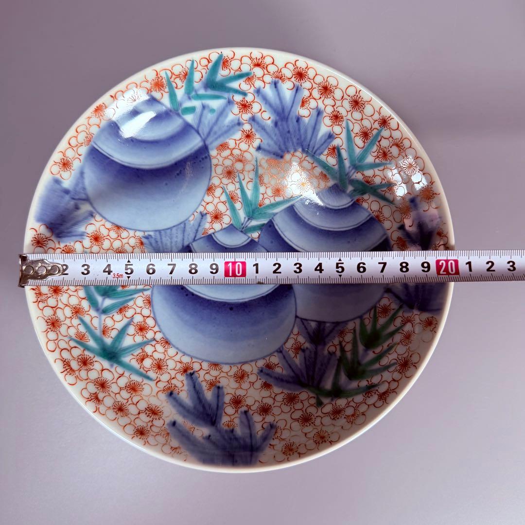 後期鍋島　献上品　色絵宝珠文高台皿　櫛文様高台　共箱　赤絵　桜文様