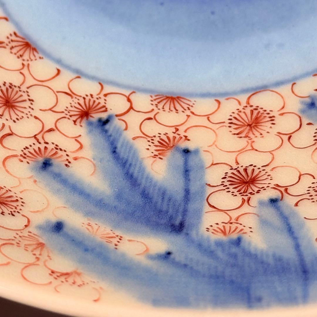 後期鍋島　献上品　色絵宝珠文高台皿　櫛文様高台　共箱　赤絵　桜文様